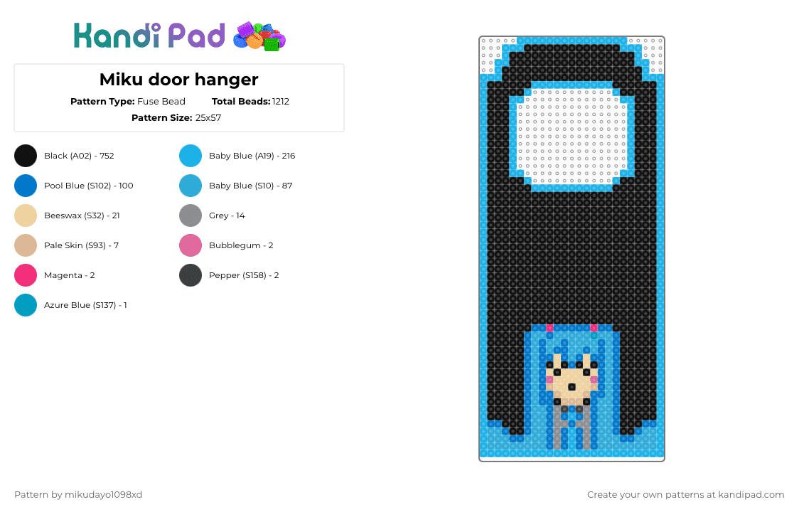 Miku door hanger - Fuse Bead Pattern by mikudayo1098xd on Kandi Pad - hatsune miku,anime,music,singer,door hanger,black,light blue,blue,miku,vocaloid