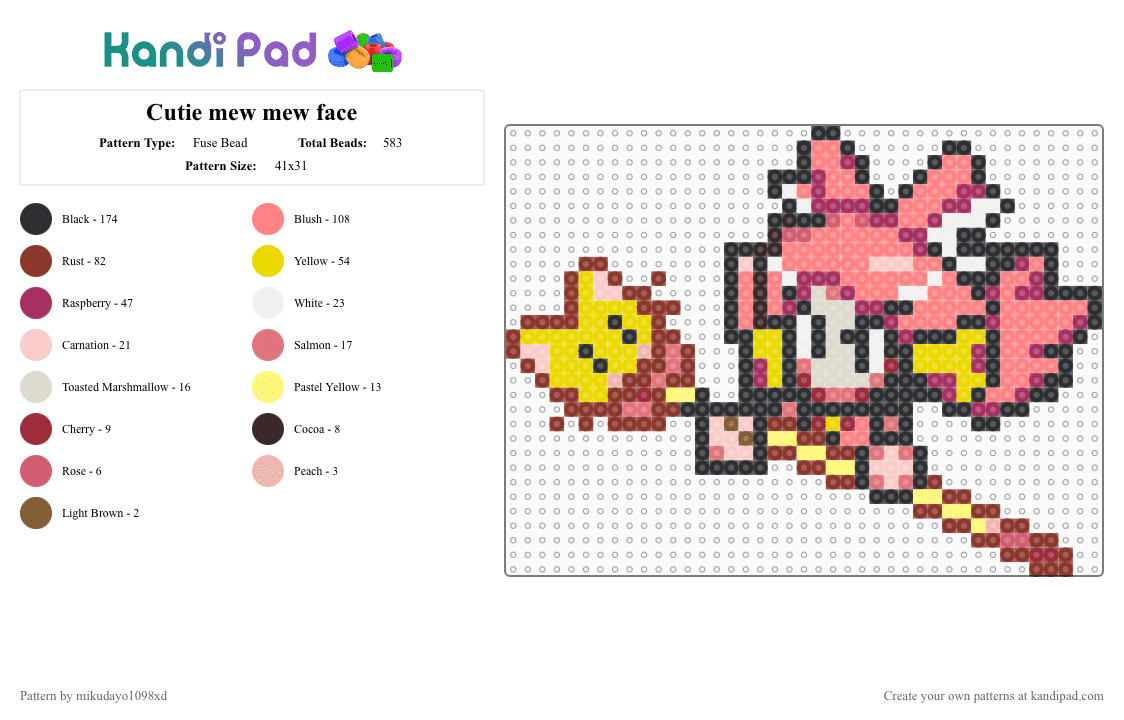 Cutie mew mew face - Fuse Bead Pattern by mikudayo1098xd on Kandi Pad - red,yellow