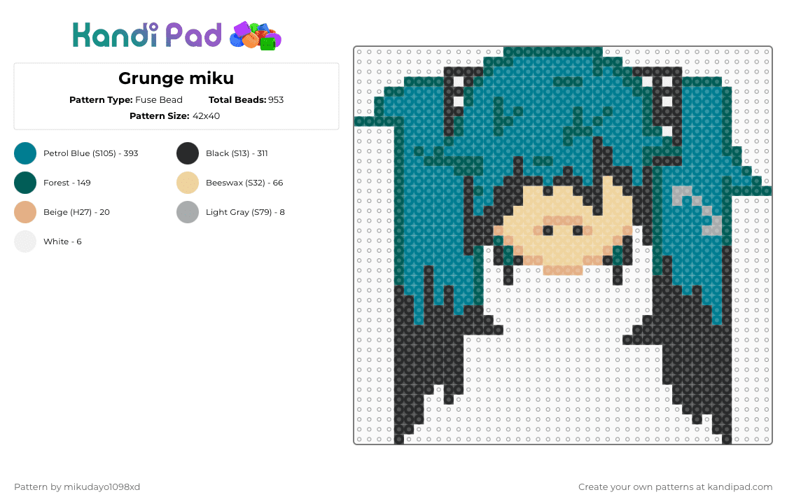 Grunge miku - Fuse Bead Pattern by mikudayo1098xd on Kandi Pad - hatsune miku,grunge,anime,cartoon,character,music,teal,cotdgrunge,miku,lols,sad