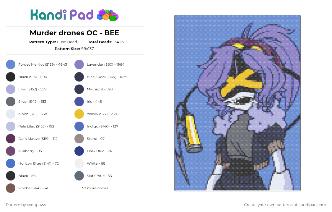 Murder drones OC - BEE - Fuse Bead Pattern by vvonpaws on Kandi Pad - blue,purple,pink,gray,murder drones,murder drones oc,oc,swag,swigitty swag