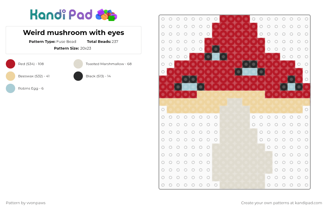 Weird mushroom with eyes - Fuse Bead Pattern by vvonpaws on Kandi Pad - red,beige,mushroom,eyes,weird,weirdcore