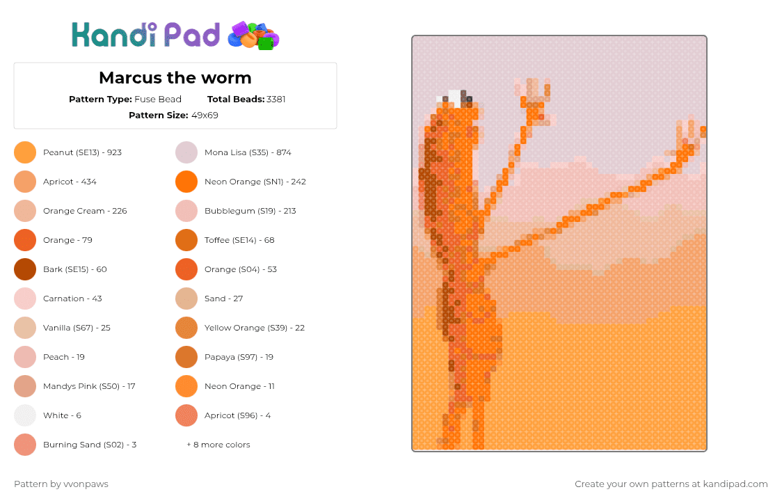 Marcus the worm - Fuse Bead Pattern by vvonpaws on Kandi Pad - beige, marcus, marcus the worm, orange, robert i dont like this rock, worm
