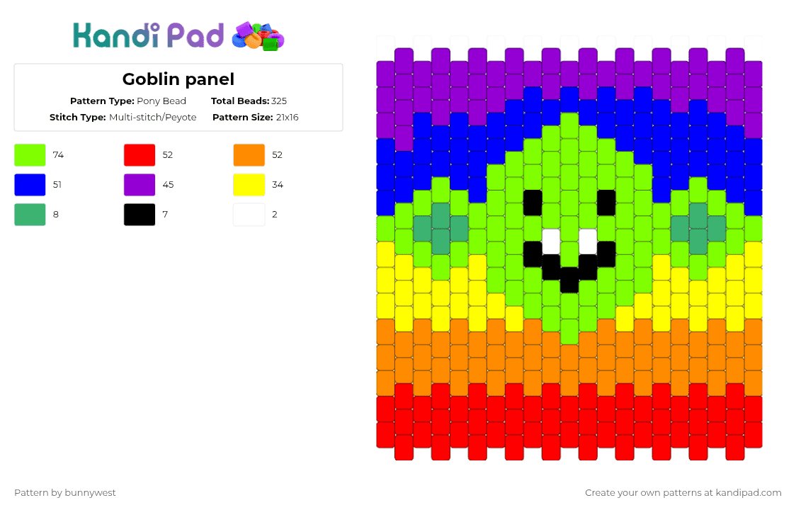 Goblin panel - Pony Bead Pattern by bunnywest on Kandi Pad - goblin, green, panel, purple, rainbow