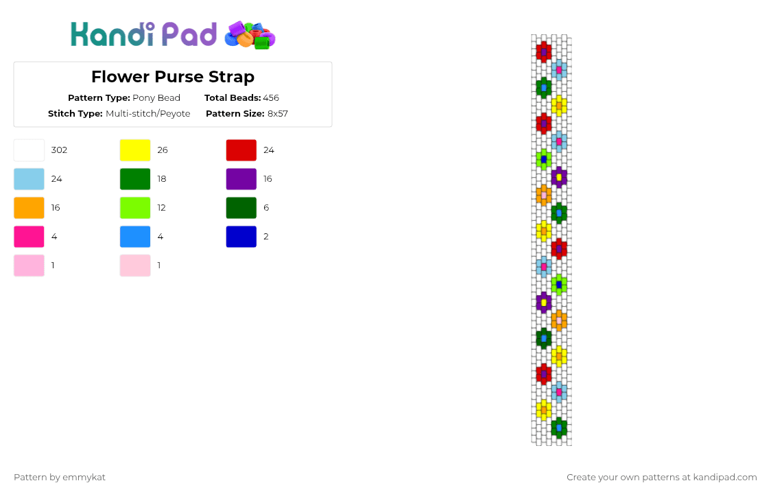 Flower Purse Strap - Pony Bead Pattern by emmykat on Kandi Pad - white,light blue,yellow,colorful