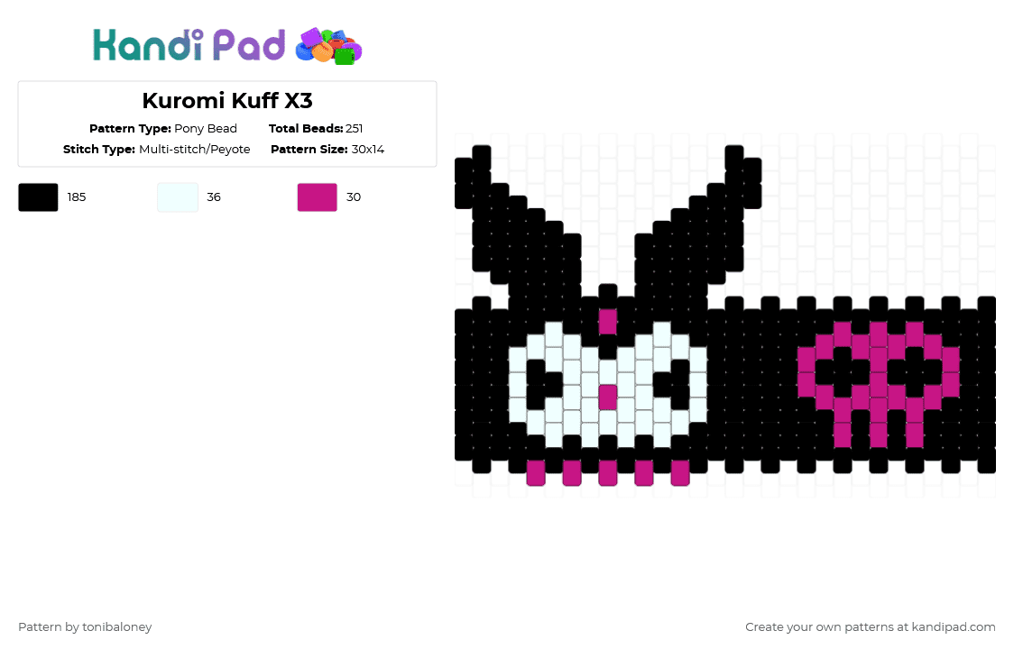 Kuromi Kuff X3 - Pony Bead Pattern by tonibaloney on Kandi Pad - black,pink,white,kuromi,cuff,sanrio,cute