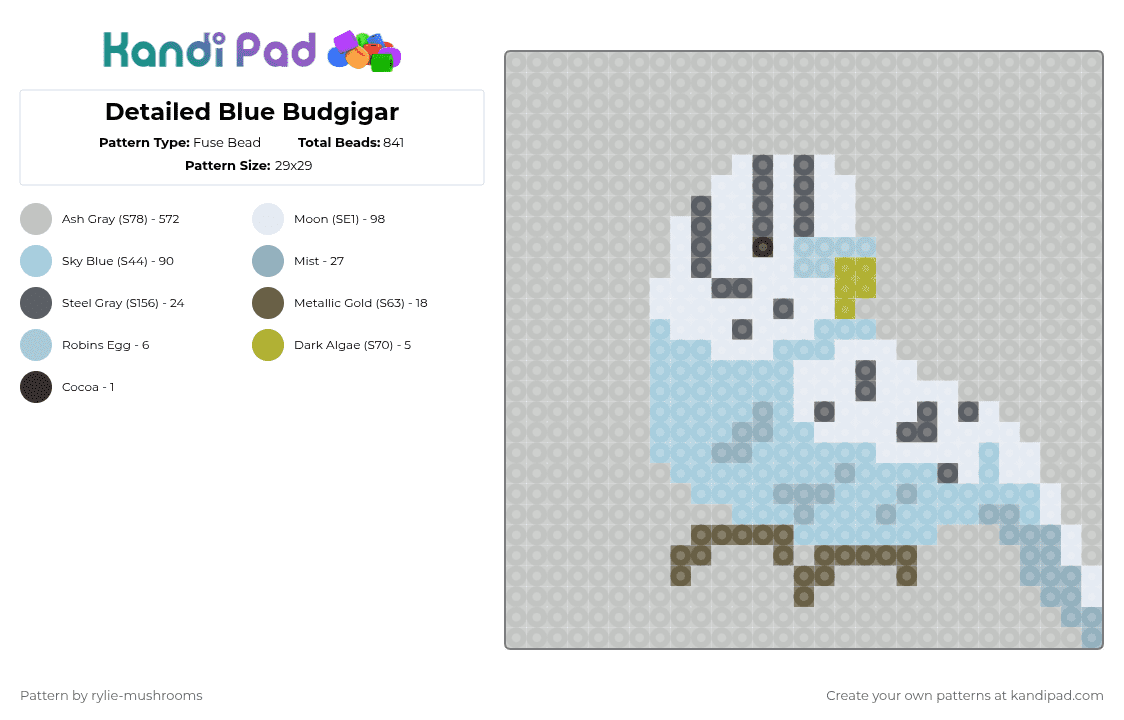 Detailed Blue Budgigar - Fuse Bead Pattern by -rylie4christ- on Kandi Pad - light blue,beige