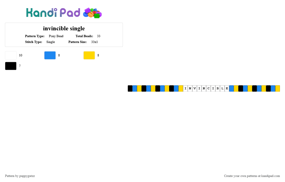invincible single - Pony Bead Pattern by puppygutzz on Kandi Pad - blue,yellow,invincible,single