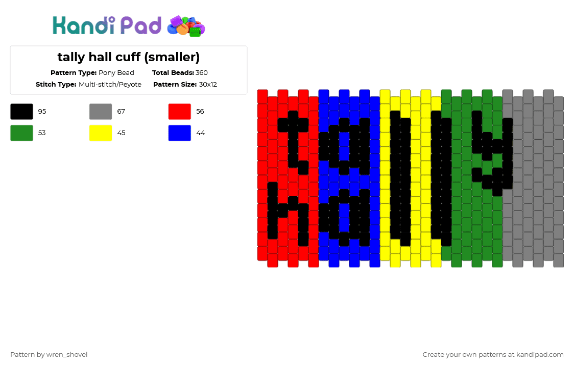 tally hall cuff (smaller) - Pony Bead Pattern by wren_shovel on Kandi Pad - red,green,gray