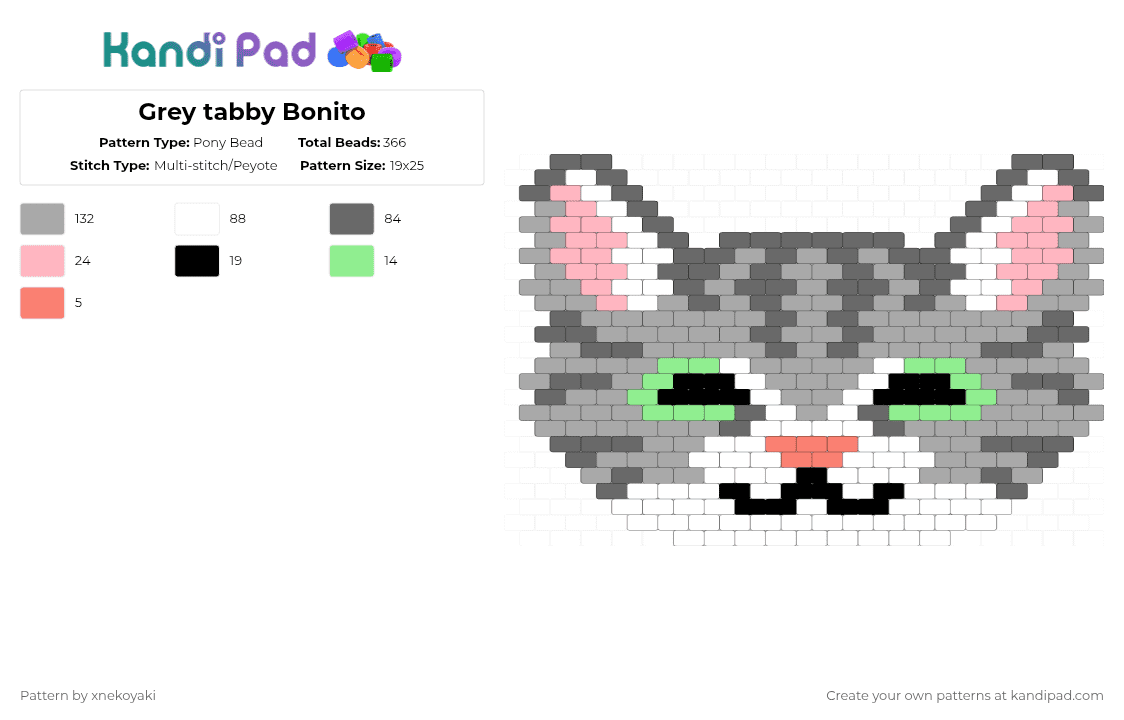Grey tabby Bonito - Pony Bead Pattern by xnekoyaki on Kandi Pad - cat,face,charm,cute,head,tabby,animal,beige,gray