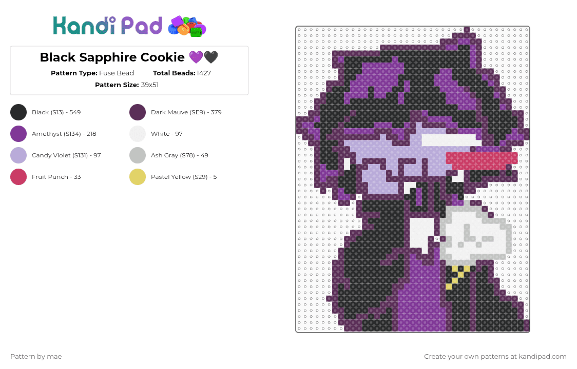 Black Sapphire Cookie 💜🖤 - Fuse Bead Pattern by mae on Kandi Pad - pink,bsc,black sapphire cookie,saphire,black,cookie,cookie run kingdom,cookie run,crk