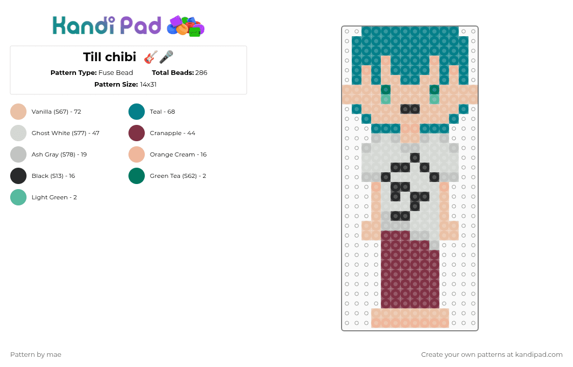 Till chibi  🎸🎤 - Fuse Bead Pattern by mae on Kandi Pad - teal,beige,till,alnst,vivinos,till is alive,alien stage