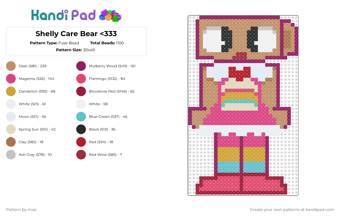 Shelly Care Bear - Fuse Bead Pattern by mae on Kandi Pad - pink,tan,red,dandys world,dw,shelly,fossil,rainbow,care bear,colorful,limited skin