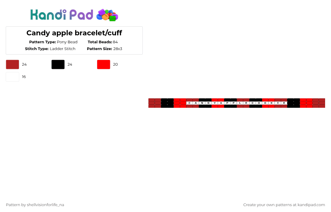 Candy apple bracelet/cuff - Pony Bead Pattern by mae on Kandi Pad - red,white,crk,cookierunkingdom,candy apple cookie,simp for smc,black sapphire cookie sister