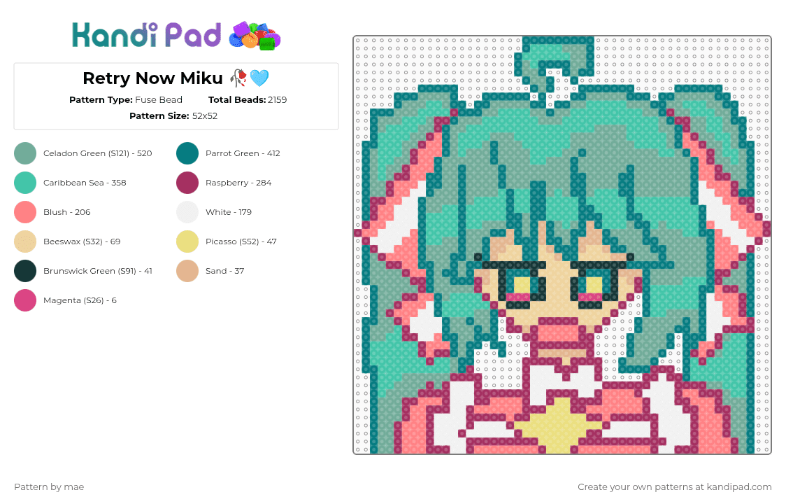 Retry Now Miku 🥀🩵[FIXED KINDA] - Fuse Bead Pattern by mae on Kandi Pad - teal,miku,music,retrynow,cyan,vocaloid,colorful stage,song