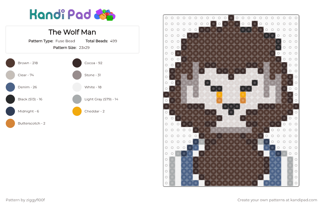 The Wolf Man - Fuse Bead Pattern by ziggyfl00f on Kandi Pad - brown,beige,classic monsters,universal monsters,dark universe,epic universe,wolf man,werewolf,halloween,spooky