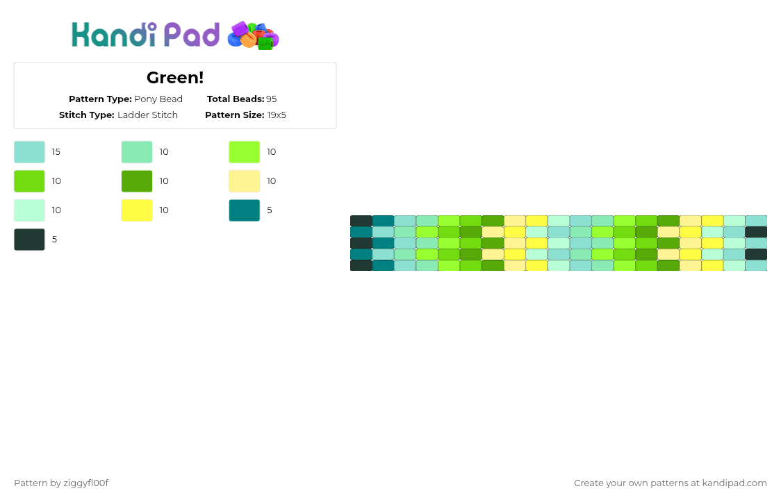 Green! - Pony Bead Pattern by ziggyfl00f on Kandi Pad - teal,green,blue,cuff,ladder stitch