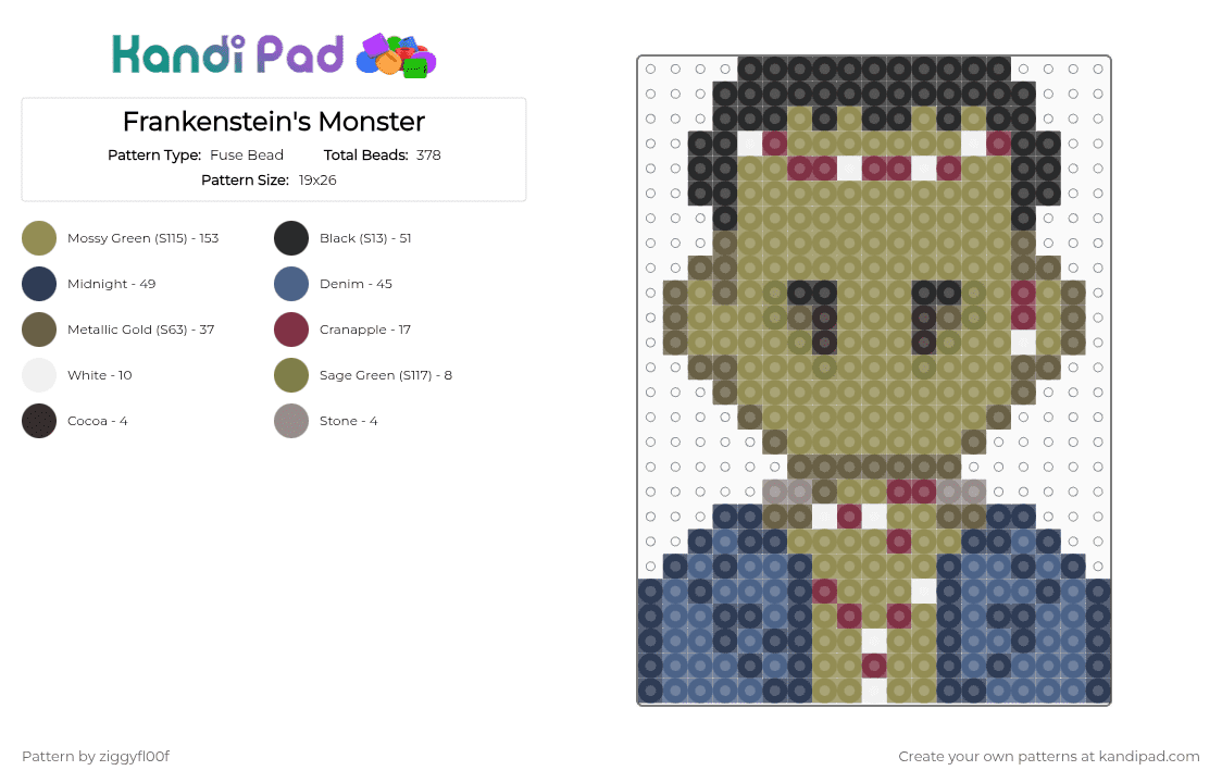 Frankenstein\'s Monster - Fuse Bead Pattern by ziggyfl00f on Kandi Pad - purple,gold,classic monsters,universal monsters,frankenstein,frankensteins monster,dark universe,epic universe,halloween,spooky