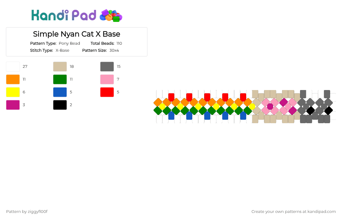 Simple Nyan Cat X Base - Pony Bead Pattern by ziggyfl00f on Kandi Pad - beige,orange,green,colorful,x base,nyan cat,rainbow,scene,cat,video game,nyan,meow