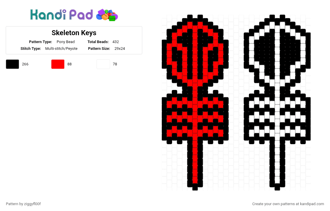 Skeleton Keys - Pony Bead Pattern by ziggyfl00f on Kandi Pad - red,white,twenty one pilots,skeleton keys,skeleton clique,blurryface,tyler joseph,josh dun,music,keychain
