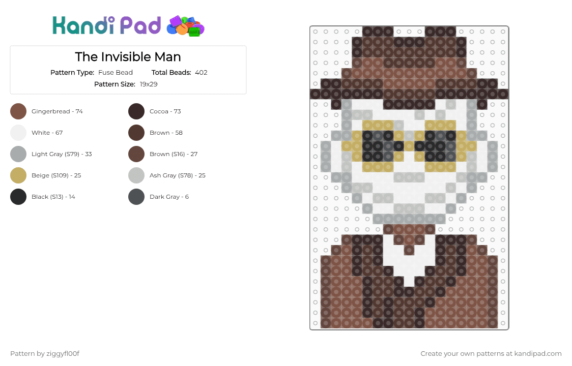 The Invisible Man - Fuse Bead Pattern by ziggyfl00f on Kandi Pad - brown,classic monsters,universal monsters,dark universe,epic universe,jack griffin,the invisible man,halloween,spooky