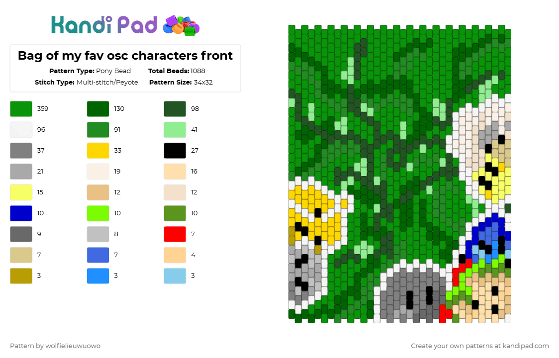 Bag of my fav osc characters front - Pony Bead Pattern by wolfielieuwuowo on Kandi Pad - gray,green,osc,mic ii,taco ii,paintbrush ii,tengolf