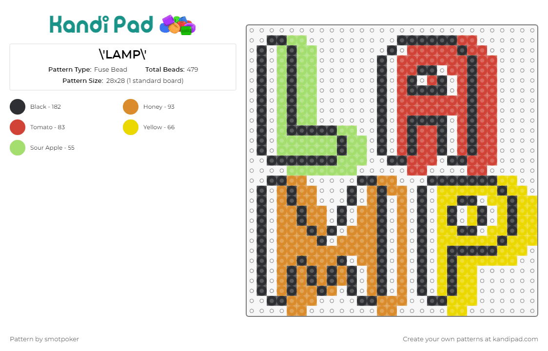\'LAMP\' - Fuse Bead Pattern by smotpoker on Kandi Pad - lamp,text,colorful,creativity,illumination,wordplay,vibrant,display,typography,dynamic,green,red,orange,yellow