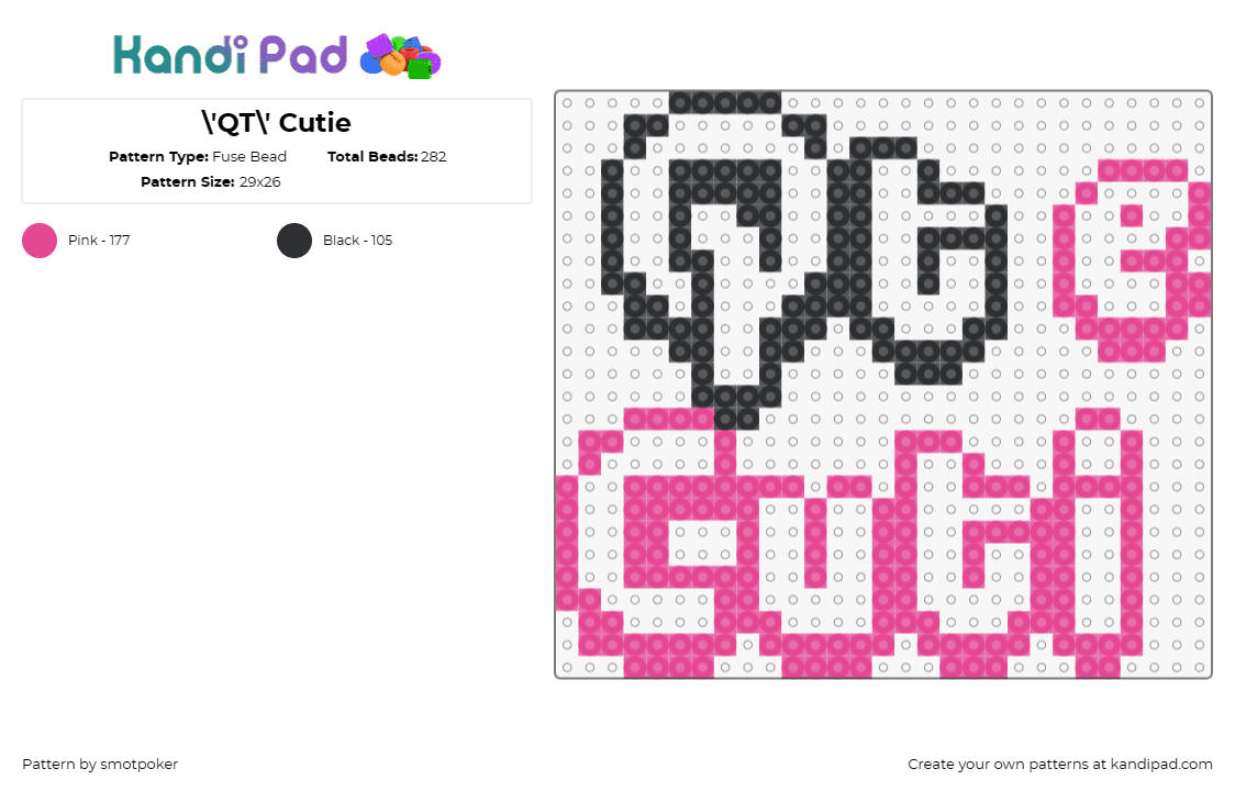 \'QT\' Cutie - Fuse Bead Pattern by smotpoker on Kandi Pad - text,playful,abbreviation,adorable,sweet,personal,black,pink