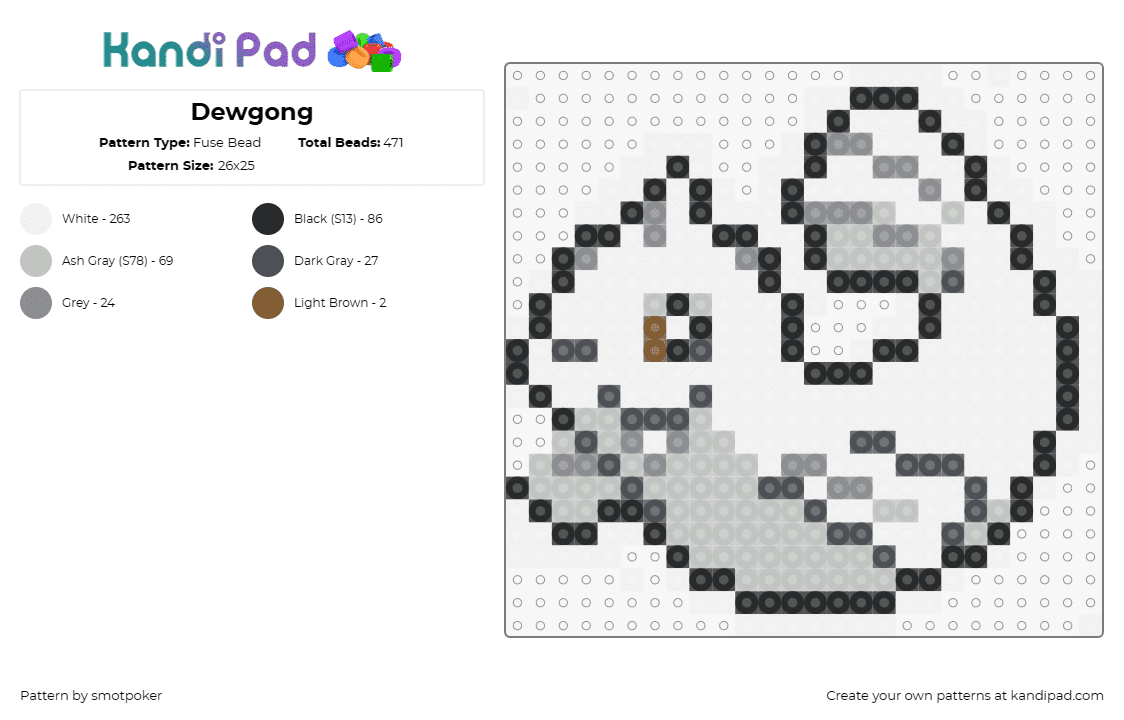 Dewgong - Fuse Bead Pattern by smotpoker on Kandi Pad - dewgong,pokemon,seal,gaming,character,anime,white,gray