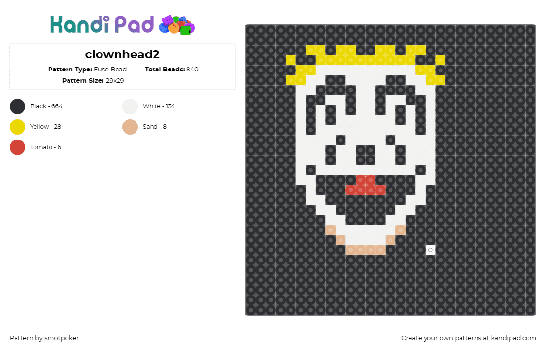 clownhead2 - Fuse Bead Pattern by smotpoker on Kandi Pad - insane clown posse,juggalo,icp,music,hip-hop,fan,emblem,face,performance,black,w