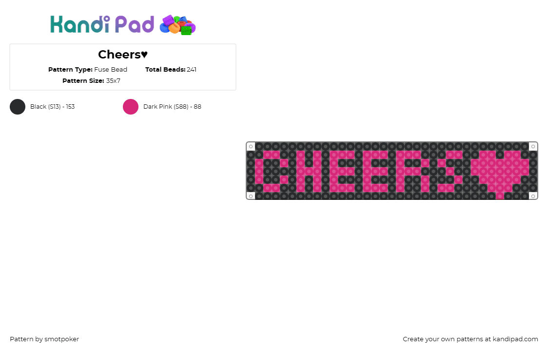 Cheers♥︎ - Fuse Bead Pattern by smotpoker on Kandi Pad - text,heart,positivity,bold letters,vibrant,pink,joy,celebration,spirit