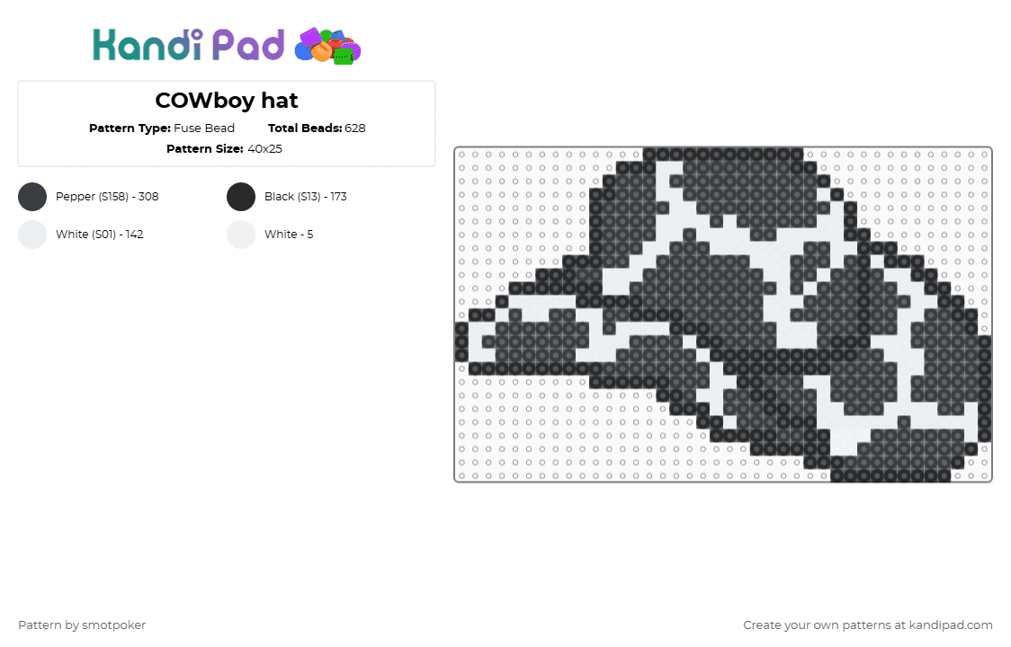 COWboy hat - Fuse Bead Pattern by smotpoker on Kandi Pad - cowboy,hat,cow,animal print,cowboy hat,black,animal