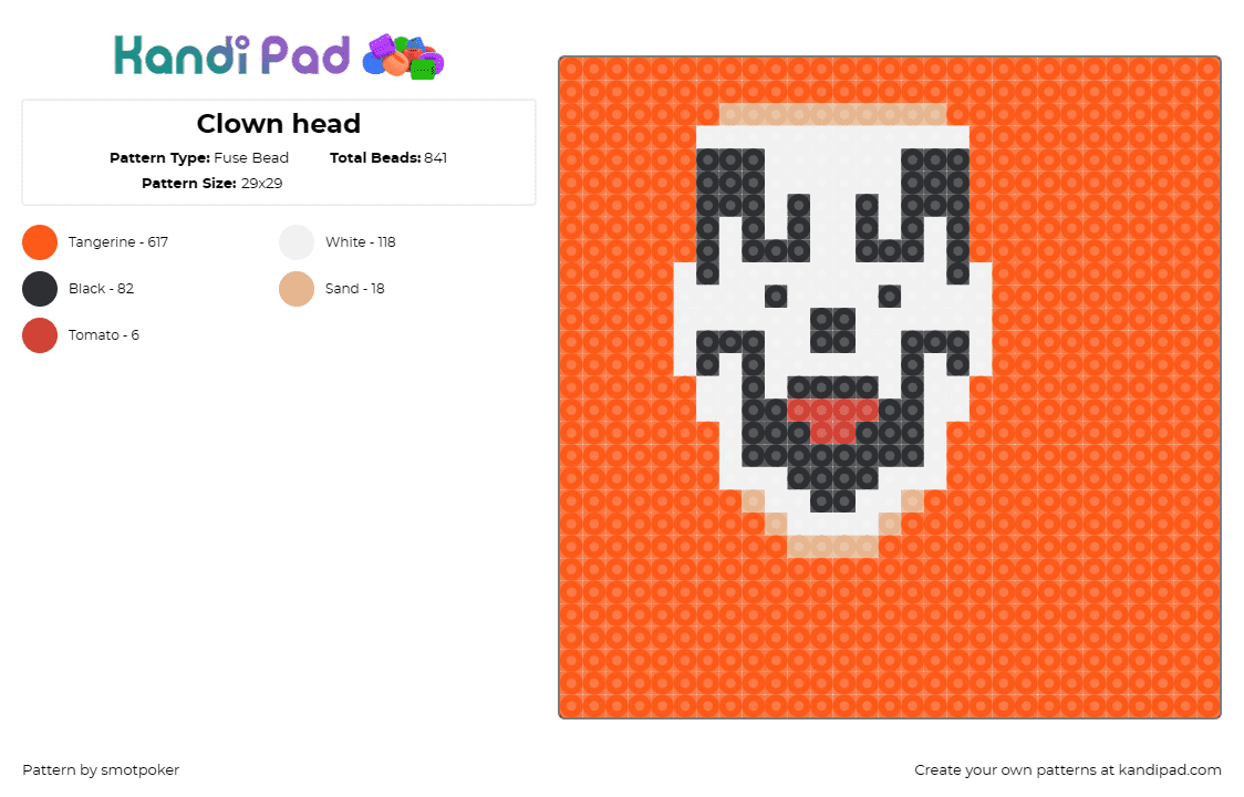 Clown head - Fuse Bead Pattern by smotpoker on Kandi Pad - insane clown posse,juggalo,icp,music,subculture,standout,community,white,orange