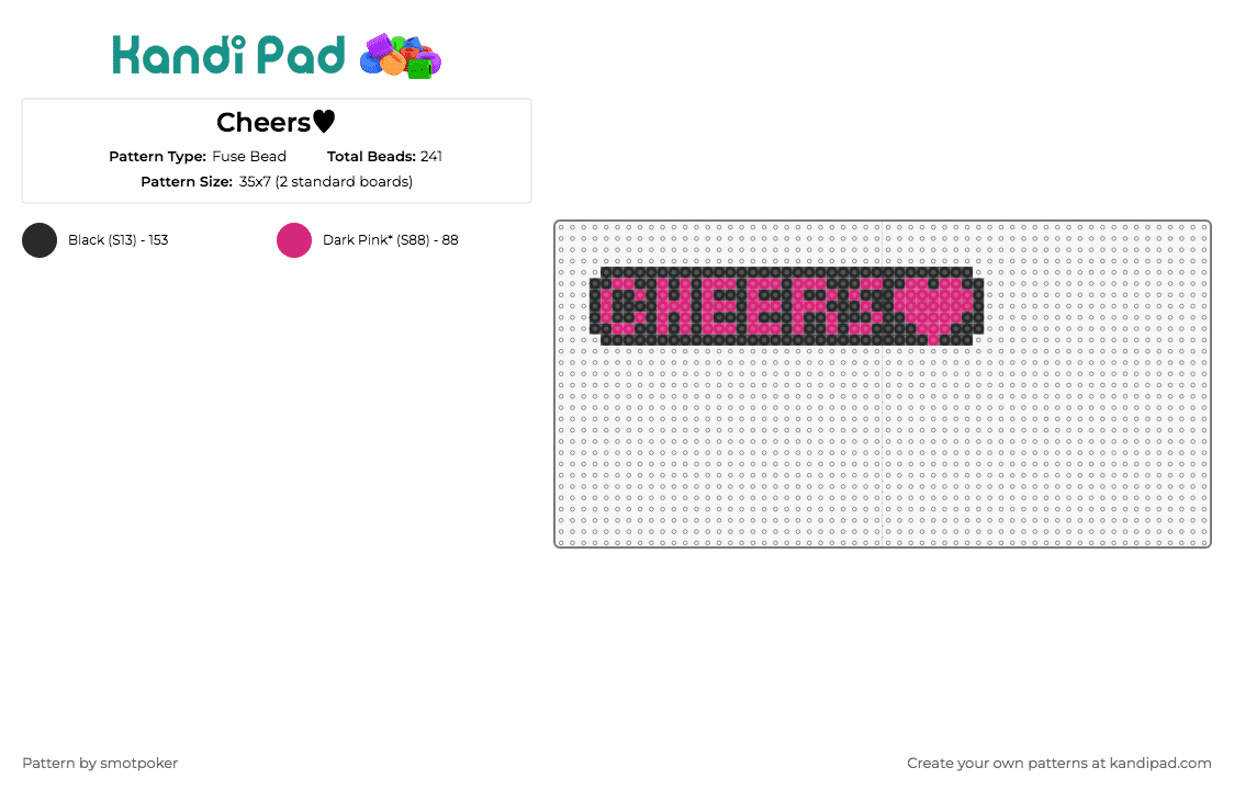 Cheers♥︎ - Fuse Bead Pattern by smotpoker on Kandi Pad - text,heart,positivity,bold letters,vibrant,pink,joy,celebration,spirit