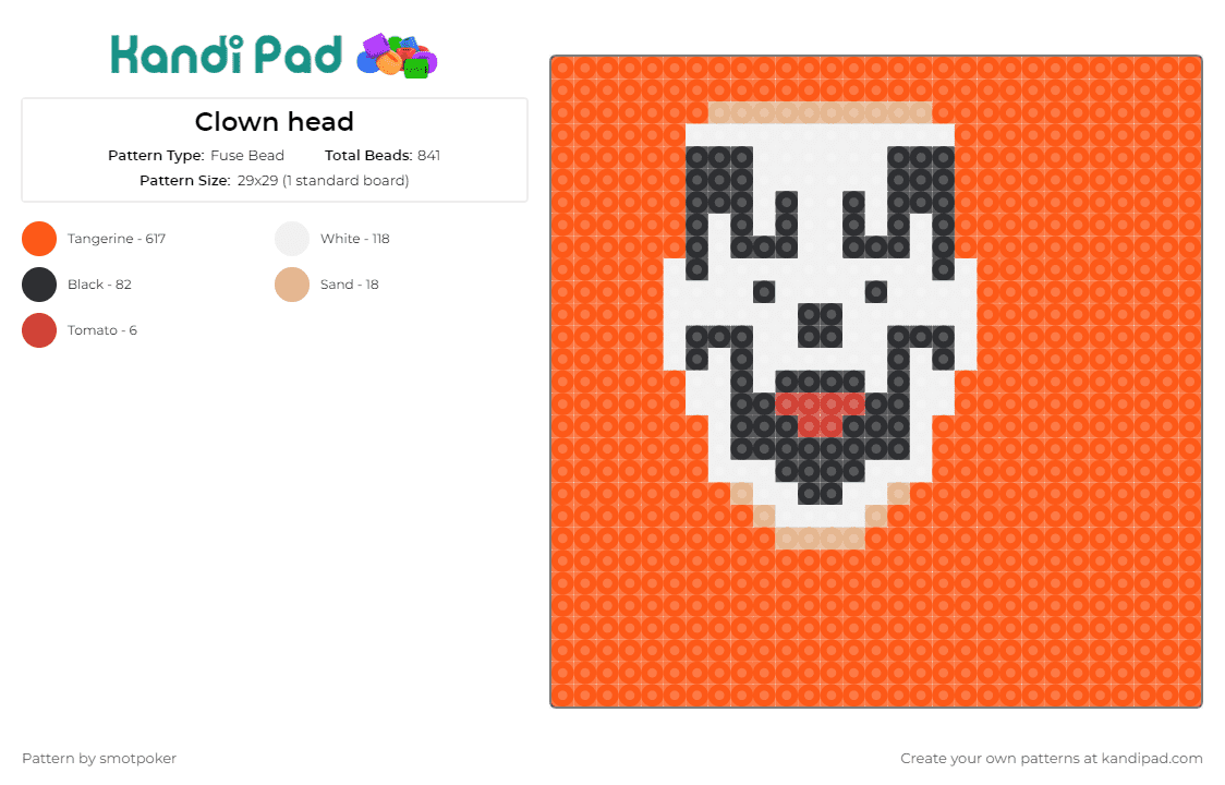 Clown head - Fuse Bead Pattern by smotpoker on Kandi Pad - insane clown posse,juggalo,icp,music,subculture,iconic,standout,fans,community,white,orange