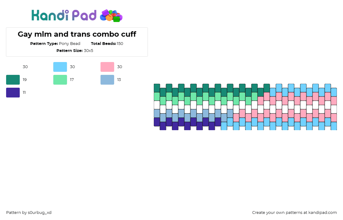 Gay mlm and trans combo cuff - Pony Bead Pattern by s0urbug_xd on Kandi Pad - mlm,trans,gay,pride,cuff,solidarity,interconnectedness,lgbtq,light blue,pink,gre