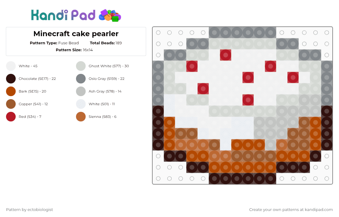 Minecraft cake pearler - Fuse Bead Pattern by ectobiologist on Kandi Pad - white,brown,gray,red,cake,minecraft,pixel,video game,birthday