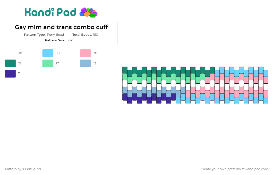 Gay mlm and trans combo cuff - Pony Bead Pattern by s0urbug_xd on Kandi Pad - mlm,trans,gay,pride,cuff,solidarity,interconnectedness,lgbtq,accessory,light blue,pink,green