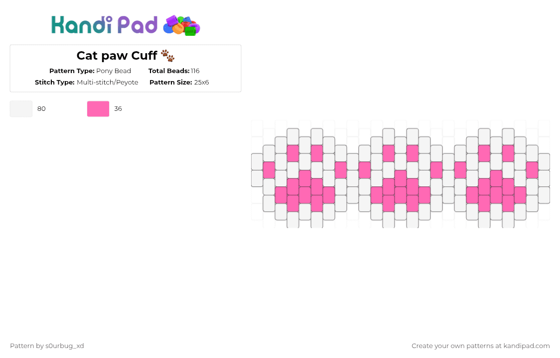 Cat paw Cuff 🐾 - Pony Bead Pattern by ectobiologist on Kandi Pad - pink,white,paw,cat,kawaii,cute,kitty,hello kitty,paws,odd peyote