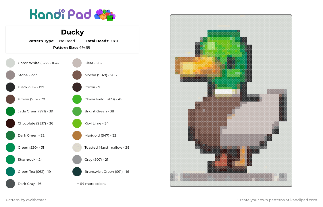 Ducky - Fuse Bead Pattern by owlthestar on Kandi Pad - white,beige,gray,green,tan,colorful