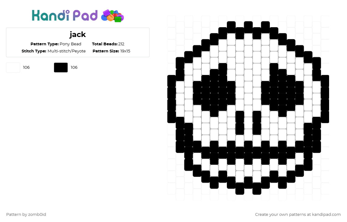 jack - Pony Bead Pattern by zomb0id on Kandi Pad - jack skellington,head,nightmare before christmas,skull,jack,movie,halloween,spooky,holiday,white,black