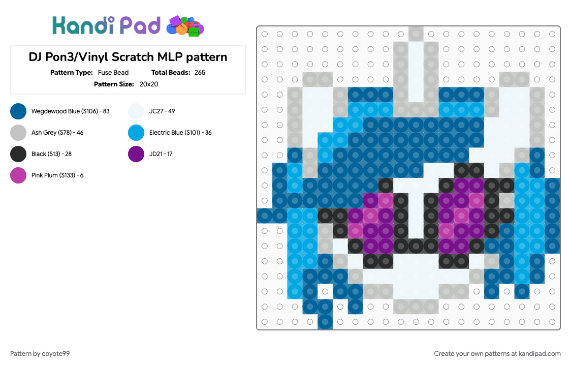 DJ Pon3/Vinyl Scratch MLP pattern - Fuse Bead Pattern by coyote99 on Kandi Pad - beige, blue, mlp, my little pony