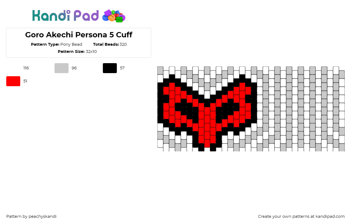 Goro Akechi Persona 5 Cuff - Pony Bead Pattern by peachyskandi on Kandi Pad - goro akechi,persona,mask,cuff,anime,striking,red,gray,white