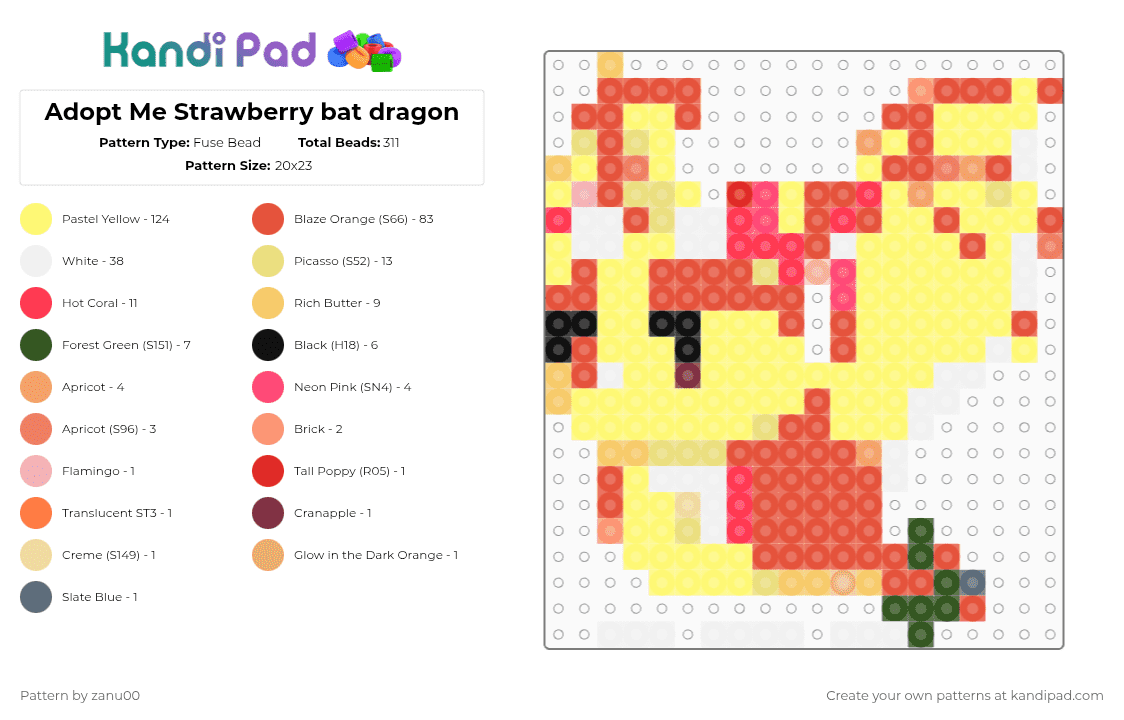 Adopt Me Strawberry bat dragon - Fuse Bead Pattern by zanu00 on Kandi Pad - yellow,red
