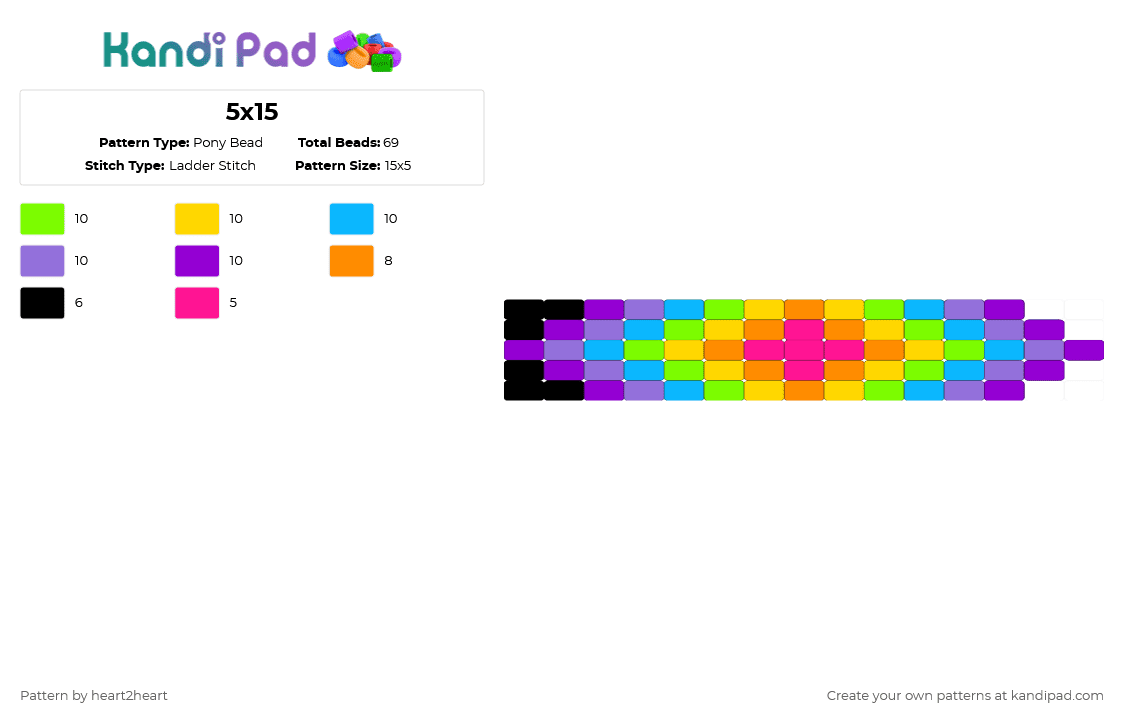 5x15 - Pony Bead Pattern by heart2heart on Kandi Pad - green,yellow,light blue,purple