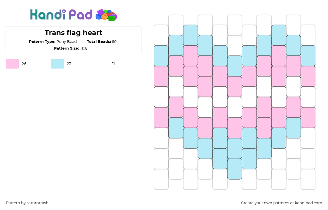 Trans flag heart - Pony Bead Pattern by saturntrash on Kandi Pad - trans,pride,heart,support,inclusivity,love,symbol,equality,pink,light blue