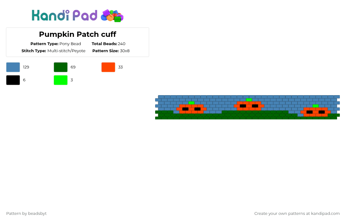 Pumpkin Patch cuff - Pony Bead Pattern by beadsbyt on Kandi Pad - blue, cuff, fall, halloween, october, pumpkin