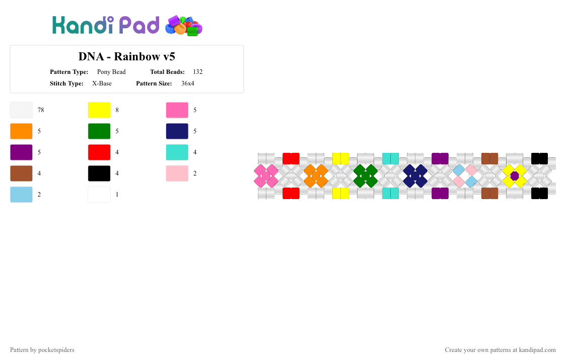 DNA - Rainbow v5 - Pony Bead Pattern by pocketspiders on Kandi Pad - white,red,yellow,pink