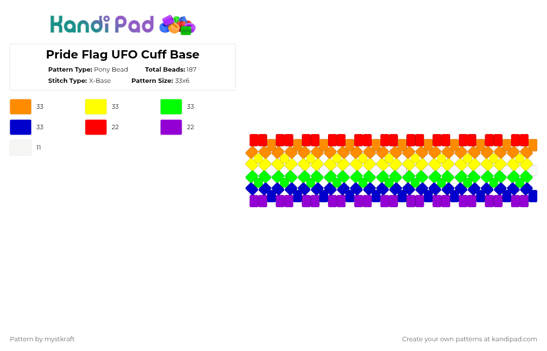 Pride Flag UFO Cuff Base - Pony Bead Pattern by mystkraft on Kandi Pad - orange,yellow,green,purple