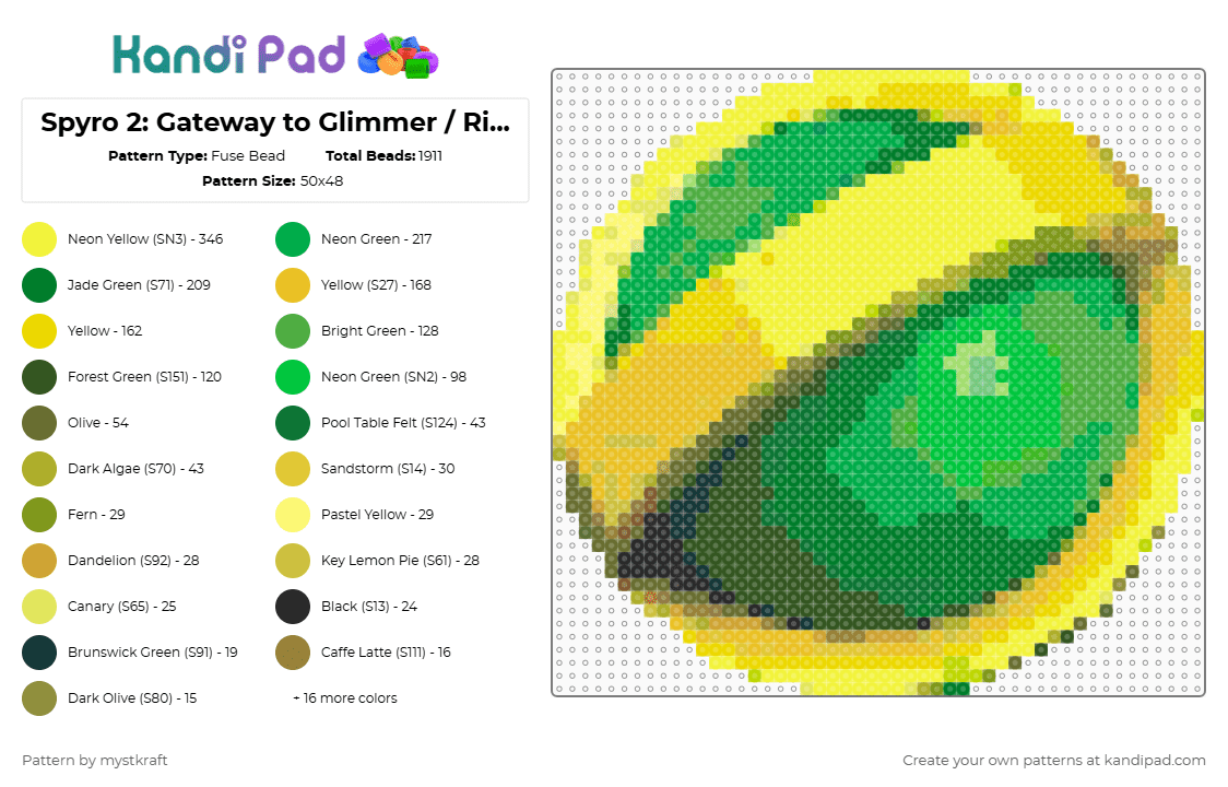 Spyro 2: Gateway to Glimmer / Ripto\'s Rage Orb - Fuse Bead Pattern by mystkraft on Kandi Pad - yellow,green,gold