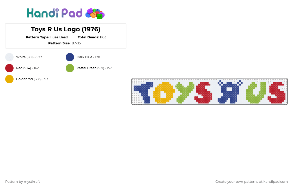 Toys R Us Logo (1976) - Fuse Bead Pattern by mystkraft on Kandi Pad - white,blue,green,red,kidcore,kid,toysrus